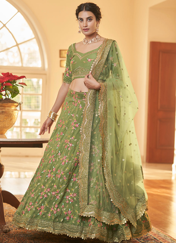 Multi Embroidery Work Mehendi Green Chinon Silk Lehenga Choli